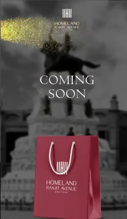Coming Soon teaser with the Homeland Ranjit Avenue red shopping bag before an Amritsar monument