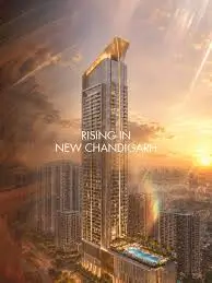 Homeland Infinia tower rendering rising over New Chandigarh with Shivalik hills beyond, Mullanpur