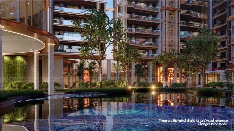 Homeland Sector 62 Mohali residential towers overlooking a landscaped reflecting pool at dusk